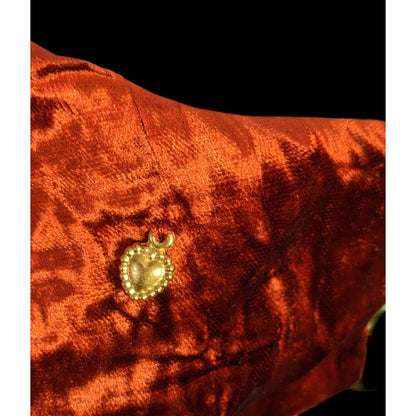Papagena Paris Vintage Orange & Green Velvet Scarf W/Gold Heart Charm & Dust Bag 35"x7.5"