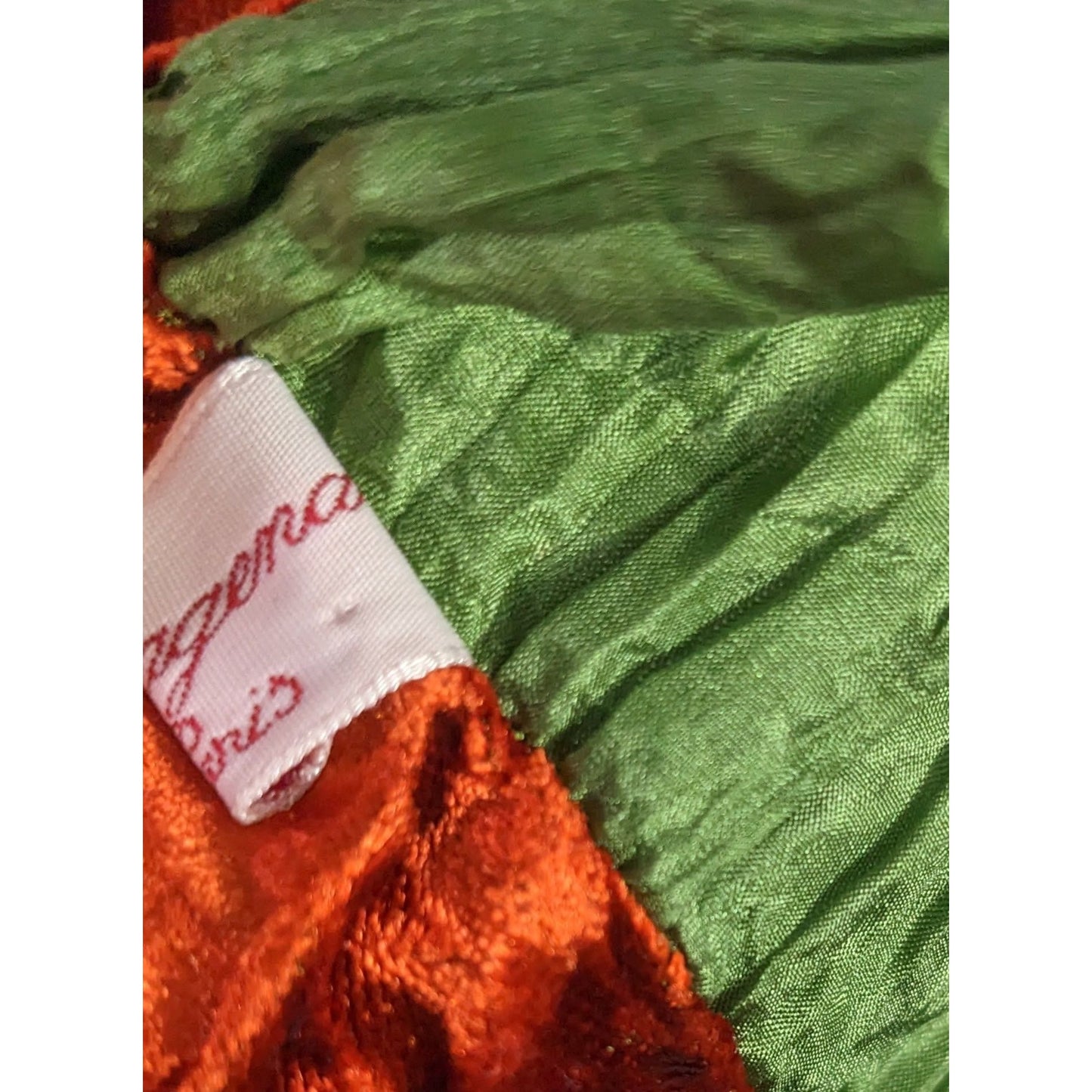 Papagena Paris Vintage Orange & Green Velvet Scarf W/Gold Heart Charm & Dust Bag 35"x7.5"