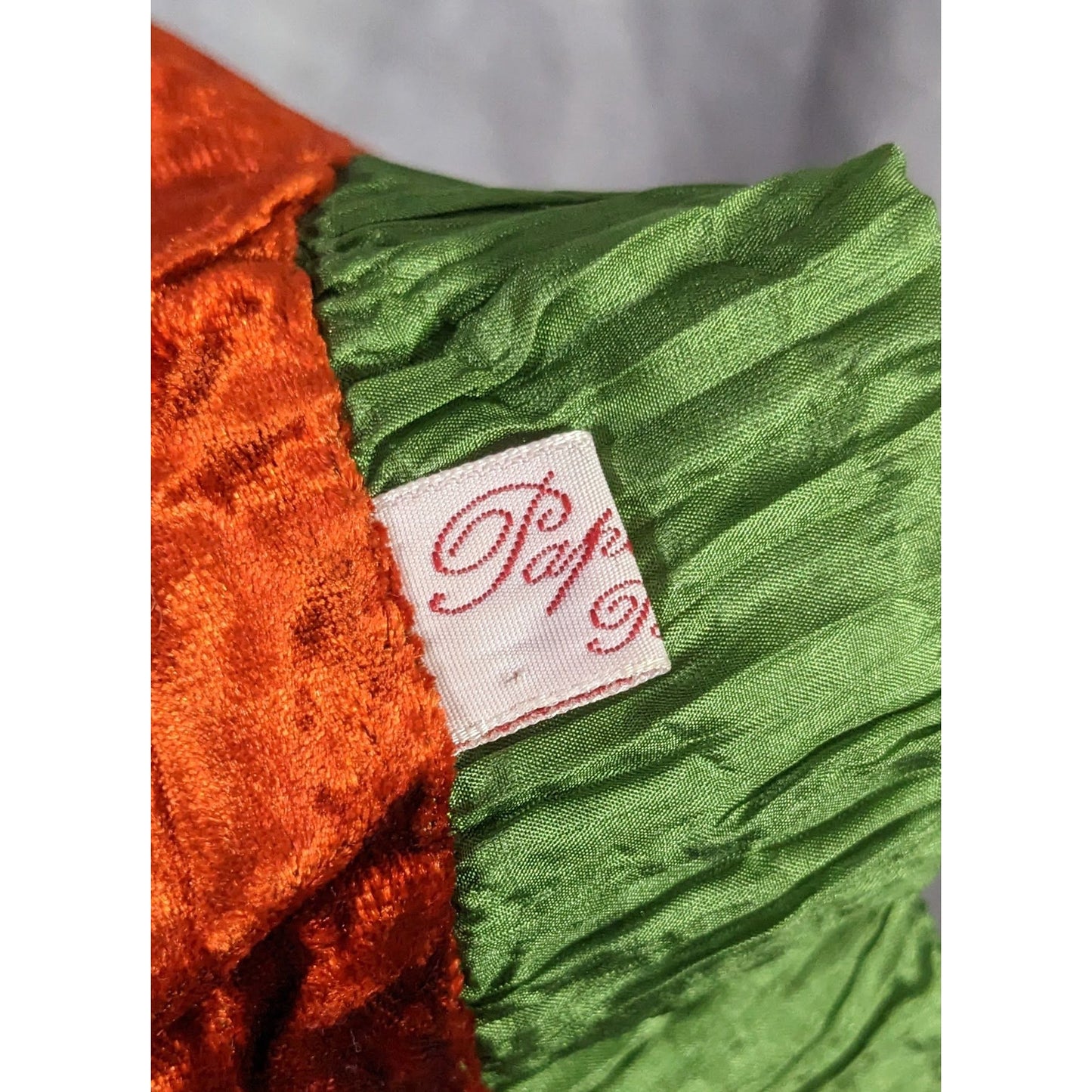 Papagena Paris Vintage Orange & Green Velvet Scarf W/Gold Heart Charm & Dust Bag 35"x7.5"