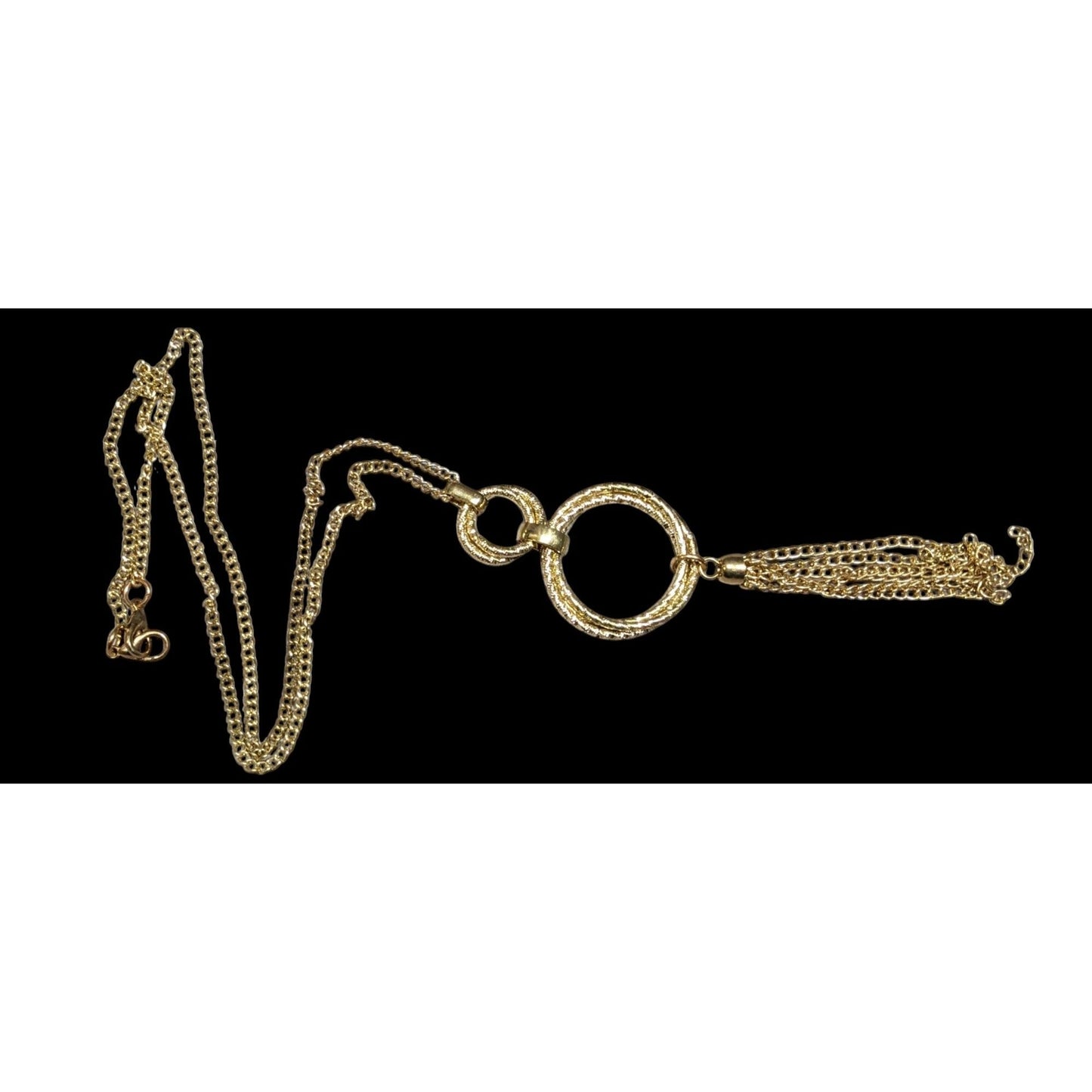 Elegant Double Ring Tassel Gold Tone Pendant Necklace