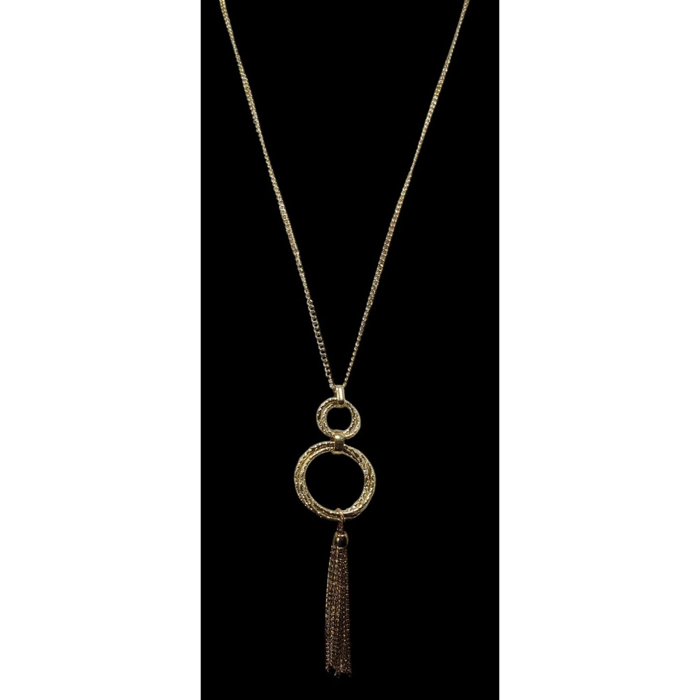 Elegant Double Ring Tassel Gold Tone Pendant Necklace