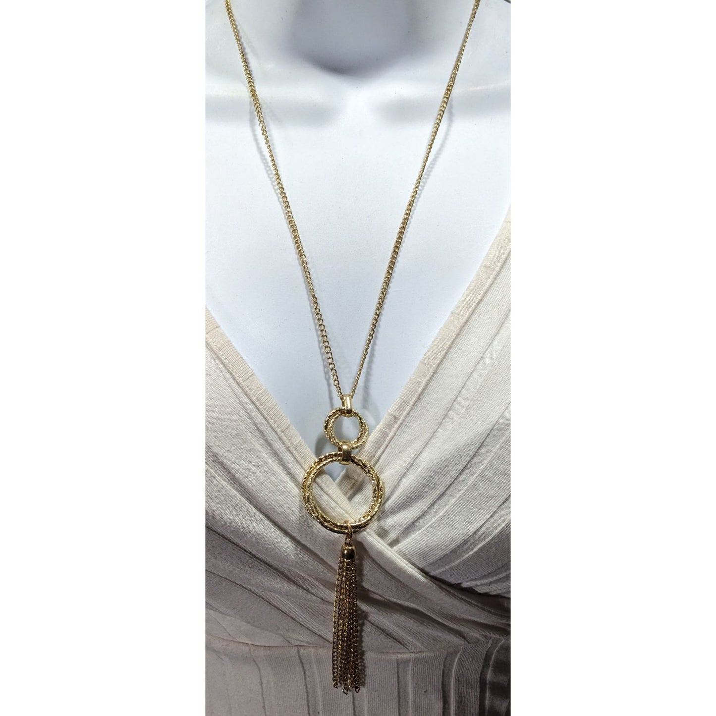 Elegant Double Ring Tassel Gold Tone Pendant Necklace