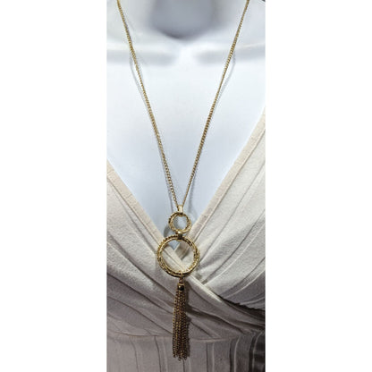 Elegant Double Ring Tassel Gold Tone Pendant Necklace