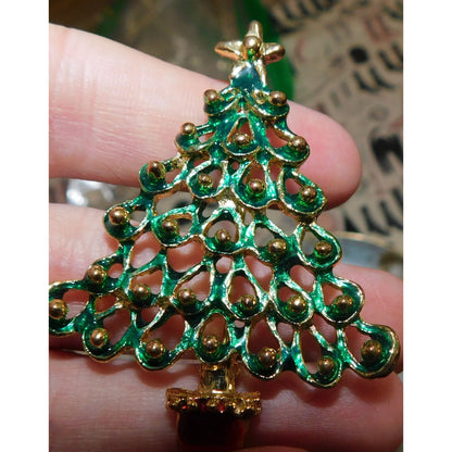 Vintage Green And Gold Tone Christmas Tree Brooch