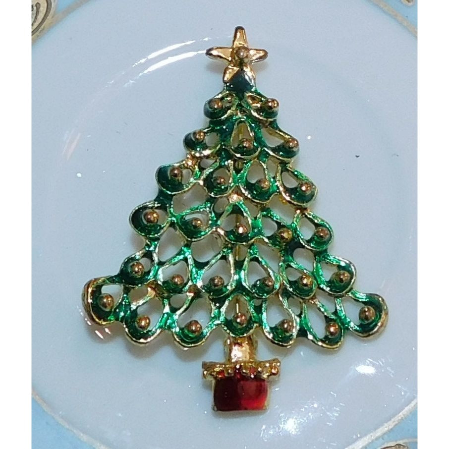 Vintage Green And Gold Tone Christmas Tree Brooch