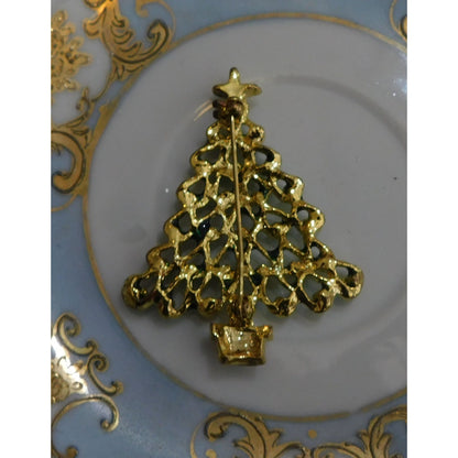 Vintage Green And Gold Tone Christmas Tree Brooch