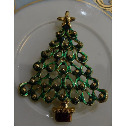 Vintage Green And Gold Tone Christmas Tree Brooch