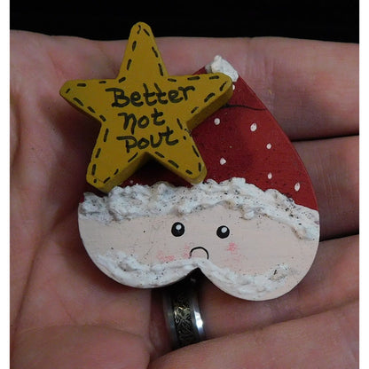 Vintage Handmade Pouting Santa Painted Brooch