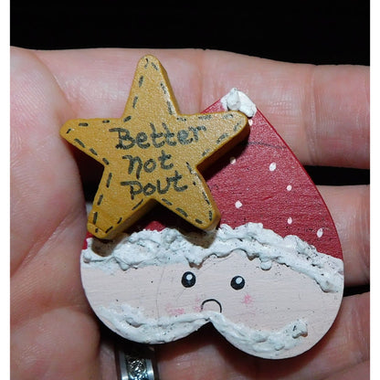 Vintage Handmade Pouting Santa Painted Brooch