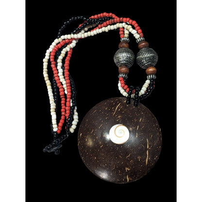 Beachy Bohemian Coco Wood Shell Pendant Necklace With Shell Inlay And Glass Beads