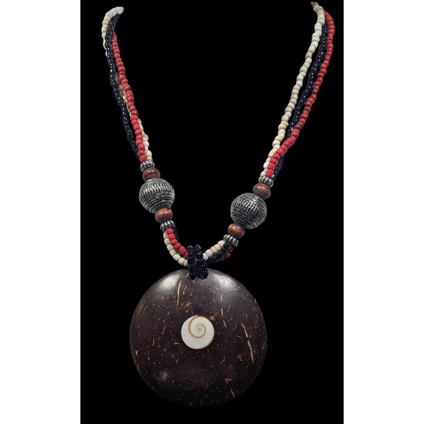 Beachy Bohemian Coco Wood Shell Pendant Necklace With Shell Inlay And Glass Beads