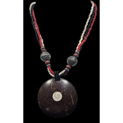 Beachy Bohemian Coco Wood Shell Pendant Necklace With Shell Inlay And Glass Beads