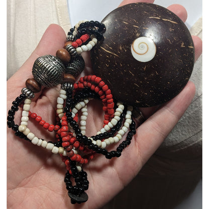 Beachy Bohemian Coco Wood Shell Pendant Necklace With Shell Inlay And Glass Beads
