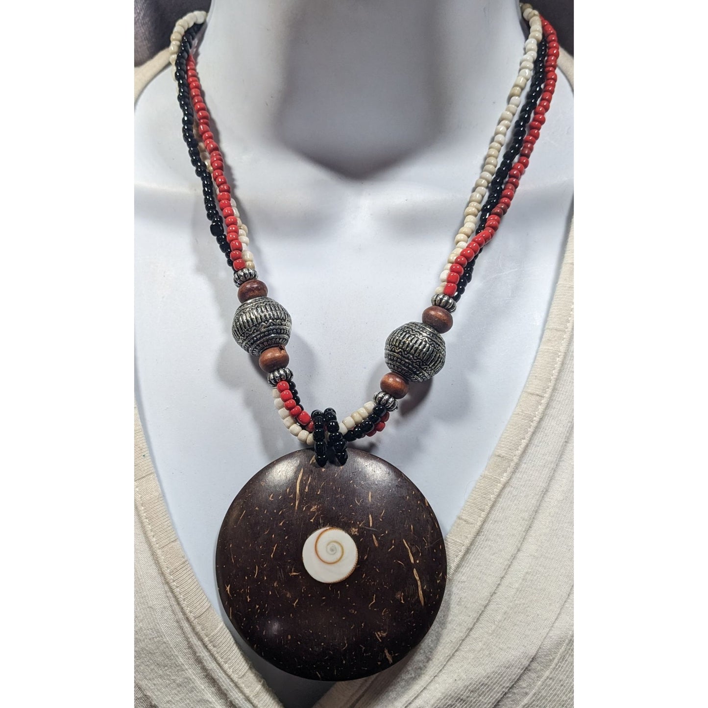 Beachy Bohemian Coco Wood Shell Pendant Necklace With Shell Inlay And Glass Beads