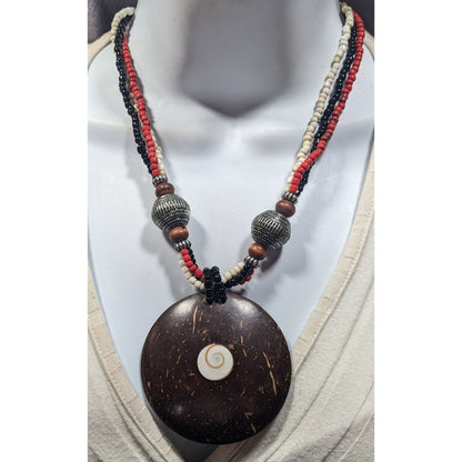Beachy Bohemian Coco Wood Shell Pendant Necklace With Shell Inlay And Glass Beads