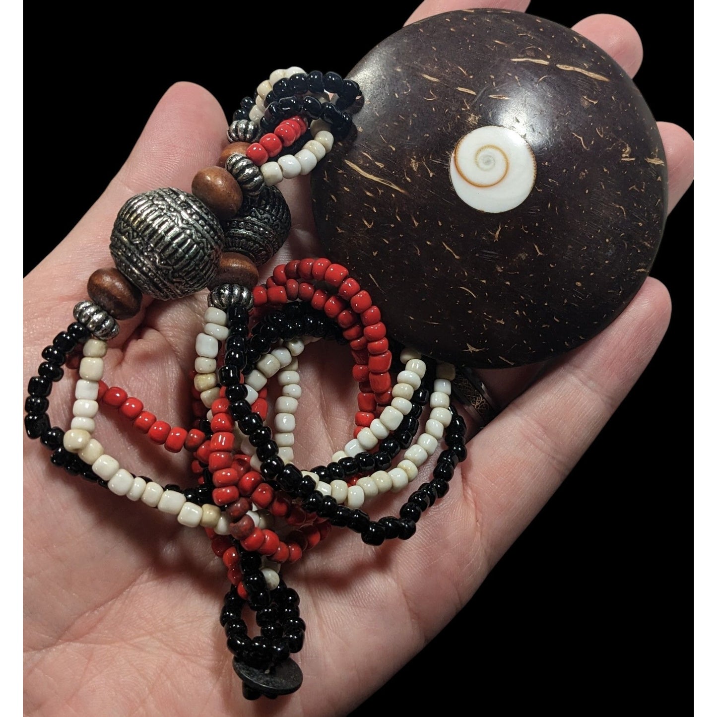 Beachy Bohemian Coco Wood Shell Pendant Necklace With Shell Inlay And Glass Beads