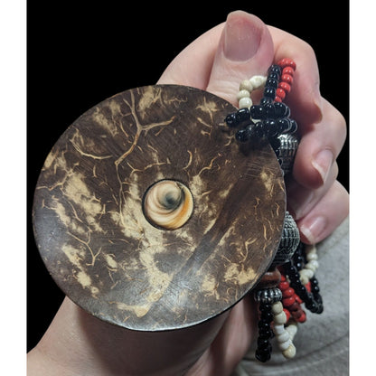 Beachy Bohemian Coco Wood Shell Pendant Necklace With Shell Inlay And Glass Beads