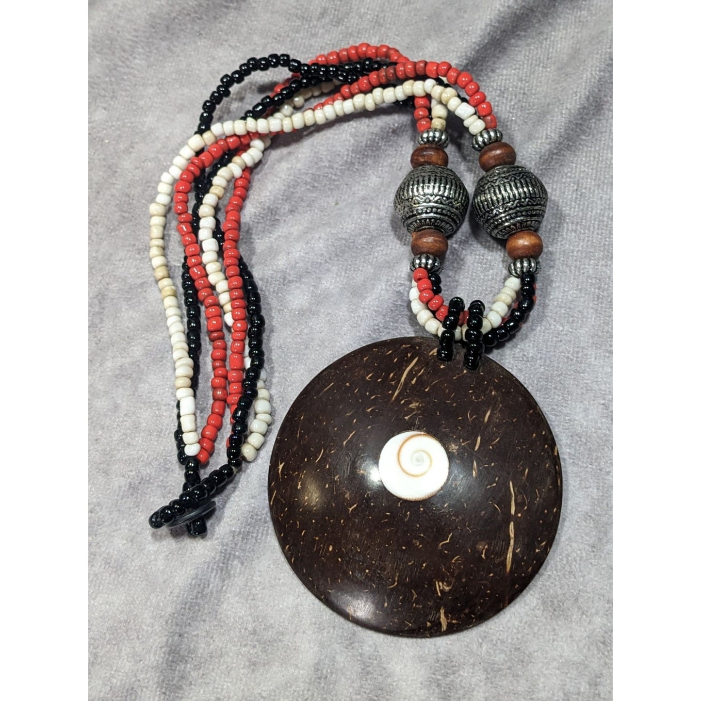Beachy Bohemian Coco Wood Shell Pendant Necklace With Shell Inlay And Glass Beads