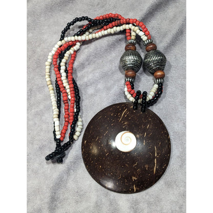 Beachy Bohemian Coco Wood Shell Pendant Necklace With Shell Inlay And Glass Beads