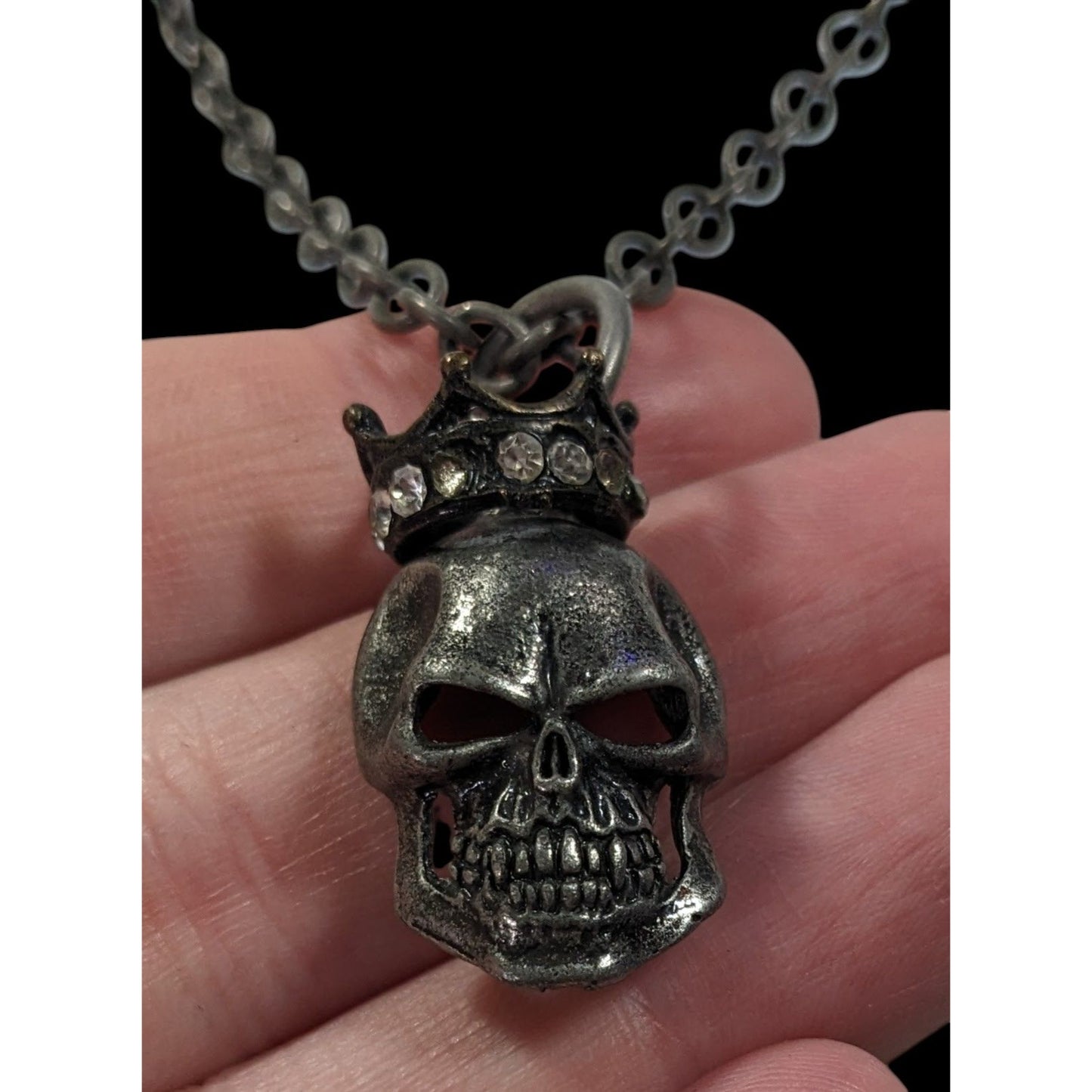 Gothic Punk Skull With Rhinestone Crown Pendant Necklace