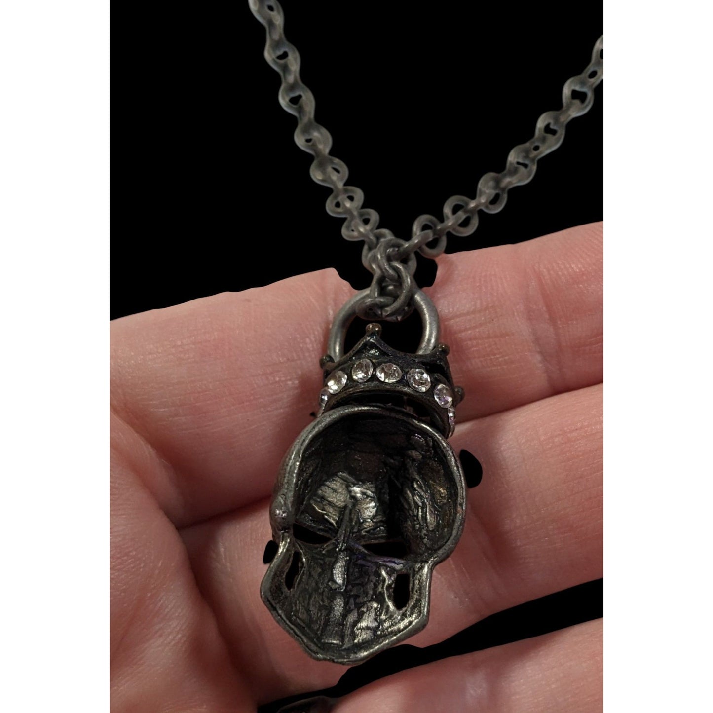 Gothic Punk Skull With Rhinestone Crown Pendant Necklace