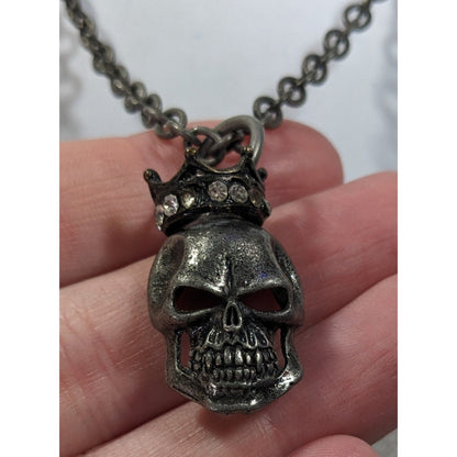 Gothic Punk Skull With Rhinestone Crown Pendant Necklace