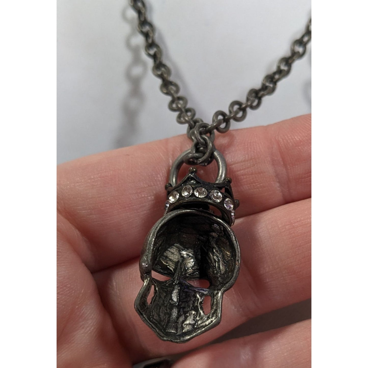 Gothic Punk Skull With Rhinestone Crown Pendant Necklace