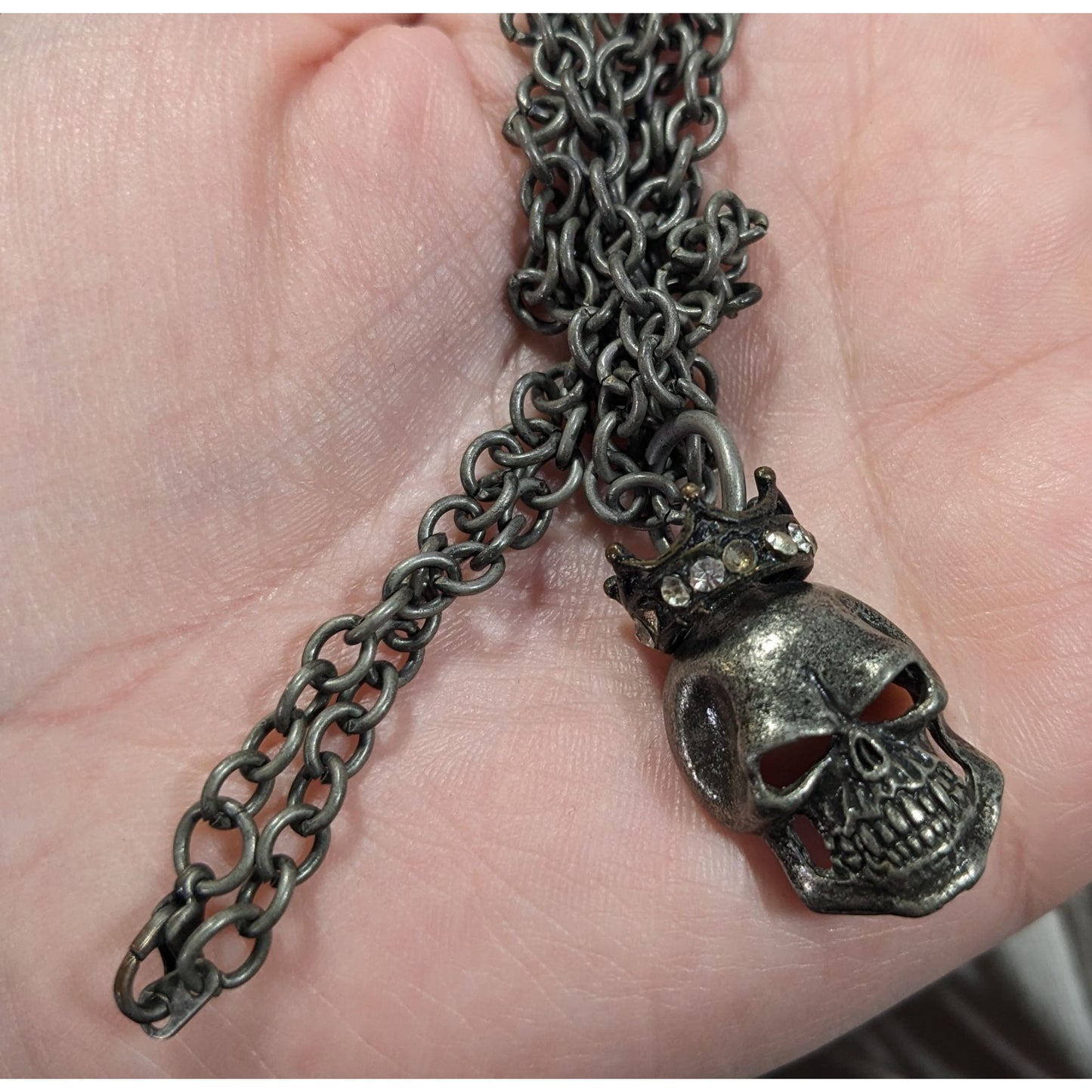 Gothic Punk Skull With Rhinestone Crown Pendant Necklace