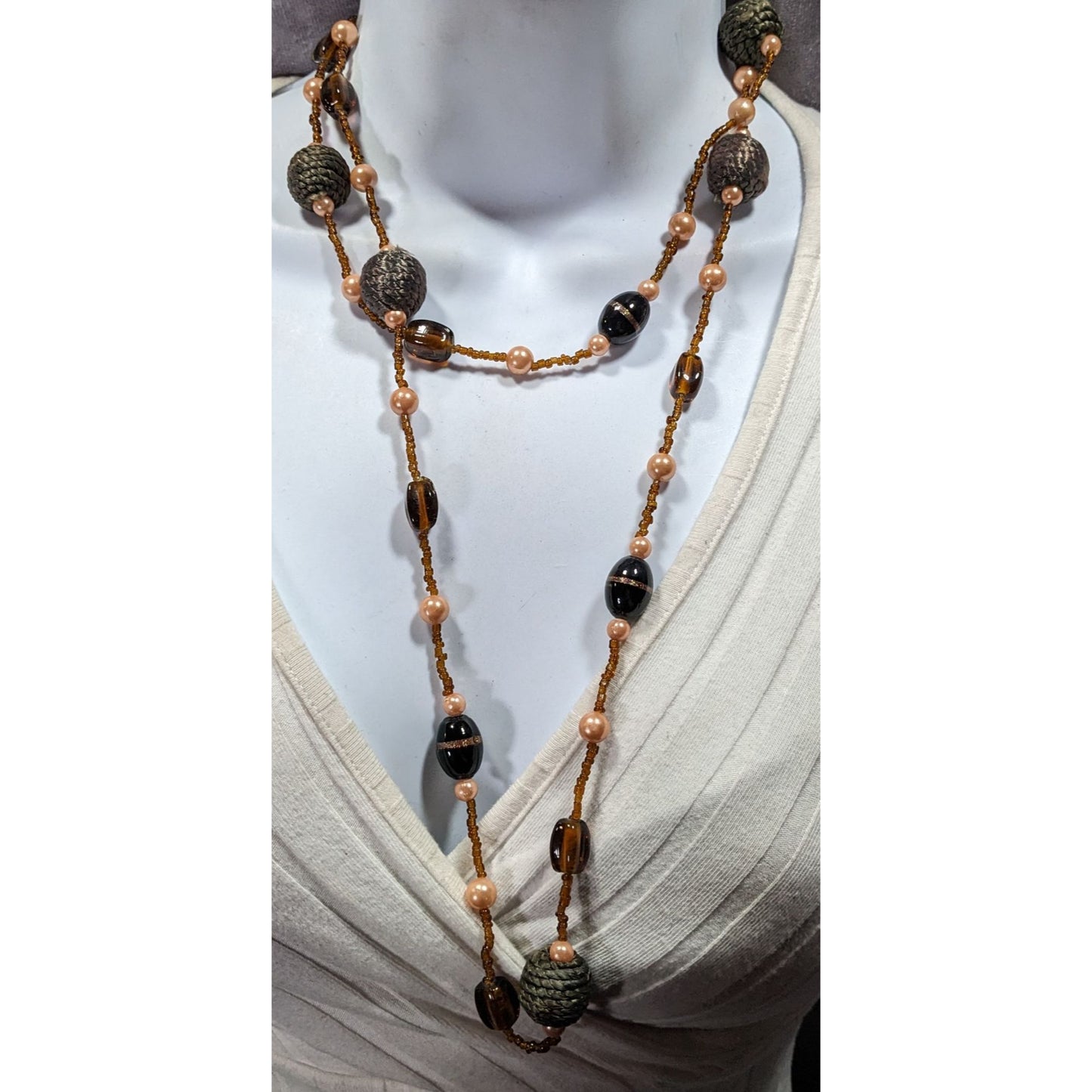 Earthy Glass And Faux Pearl Beaded Necklace