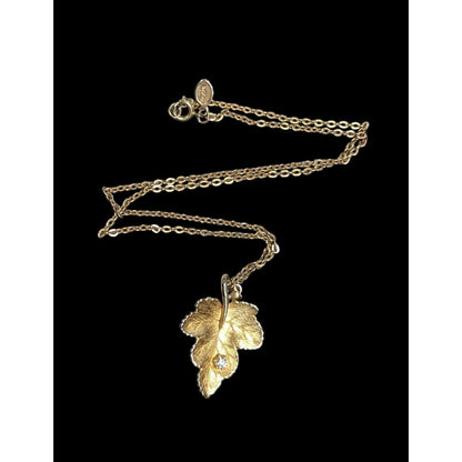 Vintage 1970s Avon Maple Leaf Gold Tone Necklace With Rhinestone Accents