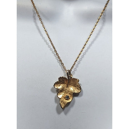 Vintage 1970s Avon Maple Leaf Gold Tone Necklace With Rhinestone Accents