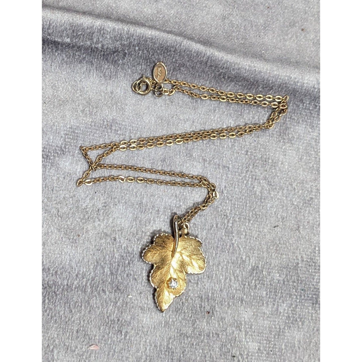 Vintage 1970s Avon Maple Leaf Gold Tone Necklace With Rhinestone Accents