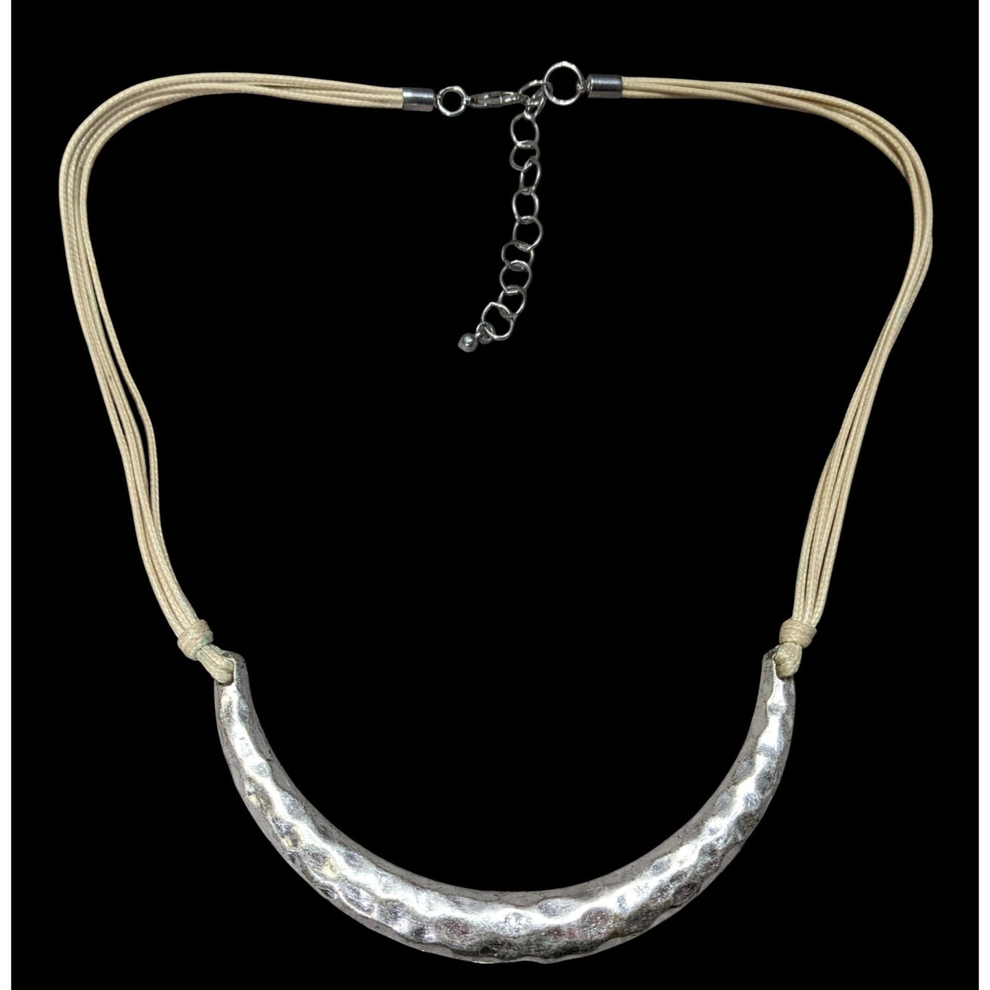Brutalist Hammered Crescent Necklace With Adjustable Cord & Lobster Clasp