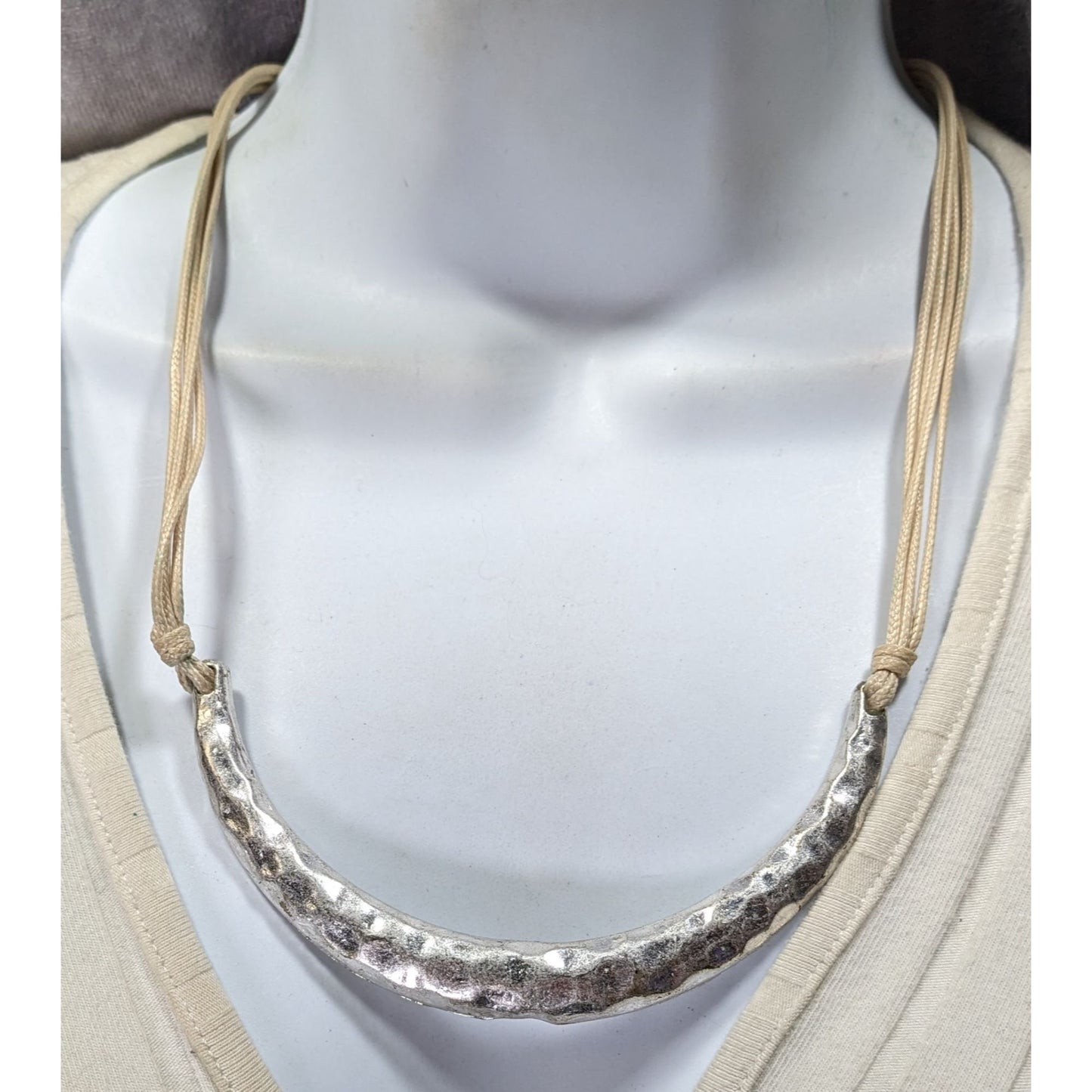 Brutalist Hammered Crescent Necklace With Adjustable Cord & Lobster Clasp