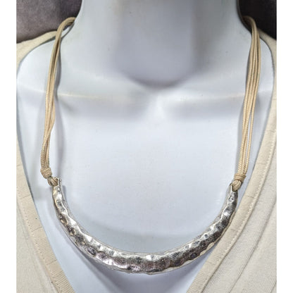 Brutalist Hammered Crescent Necklace With Adjustable Cord & Lobster Clasp