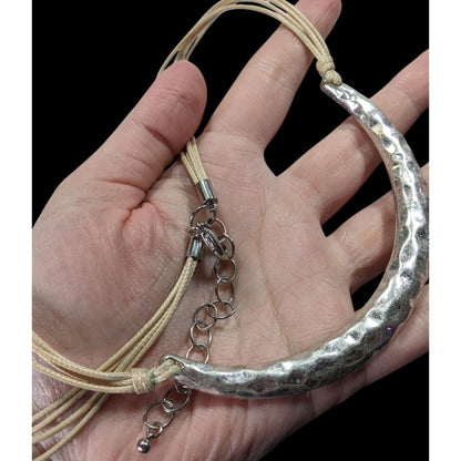 Brutalist Hammered Crescent Necklace With Adjustable Cord & Lobster Clasp