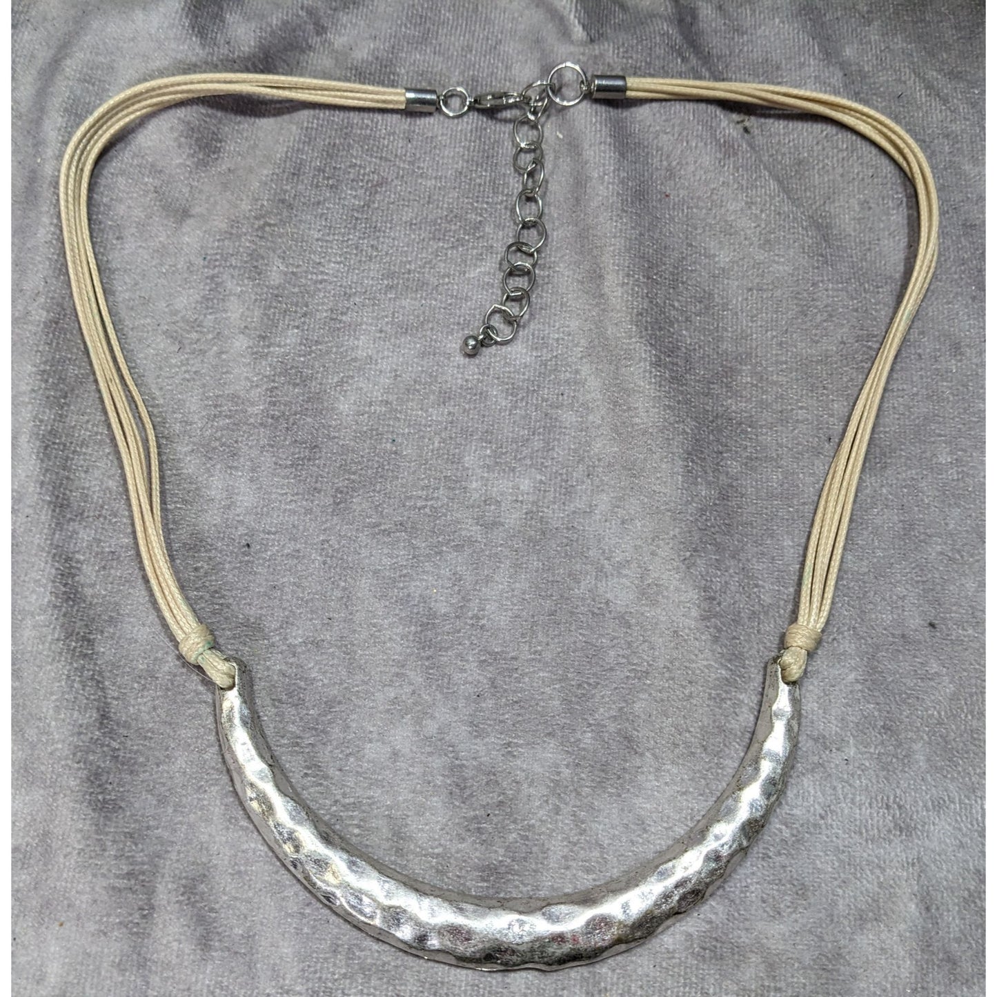 Brutalist Hammered Crescent Necklace With Adjustable Cord & Lobster Clasp