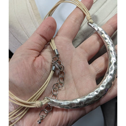 Brutalist Hammered Crescent Necklace With Adjustable Cord & Lobster Clasp