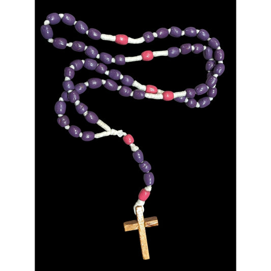 Handmade Pink And Purple Beaded Wooden Cross Necklace