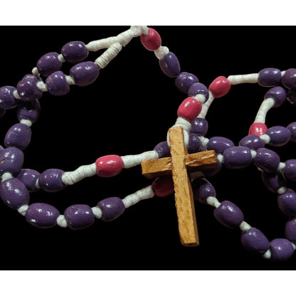 Handmade Pink And Purple Beaded Wooden Cross Necklace
