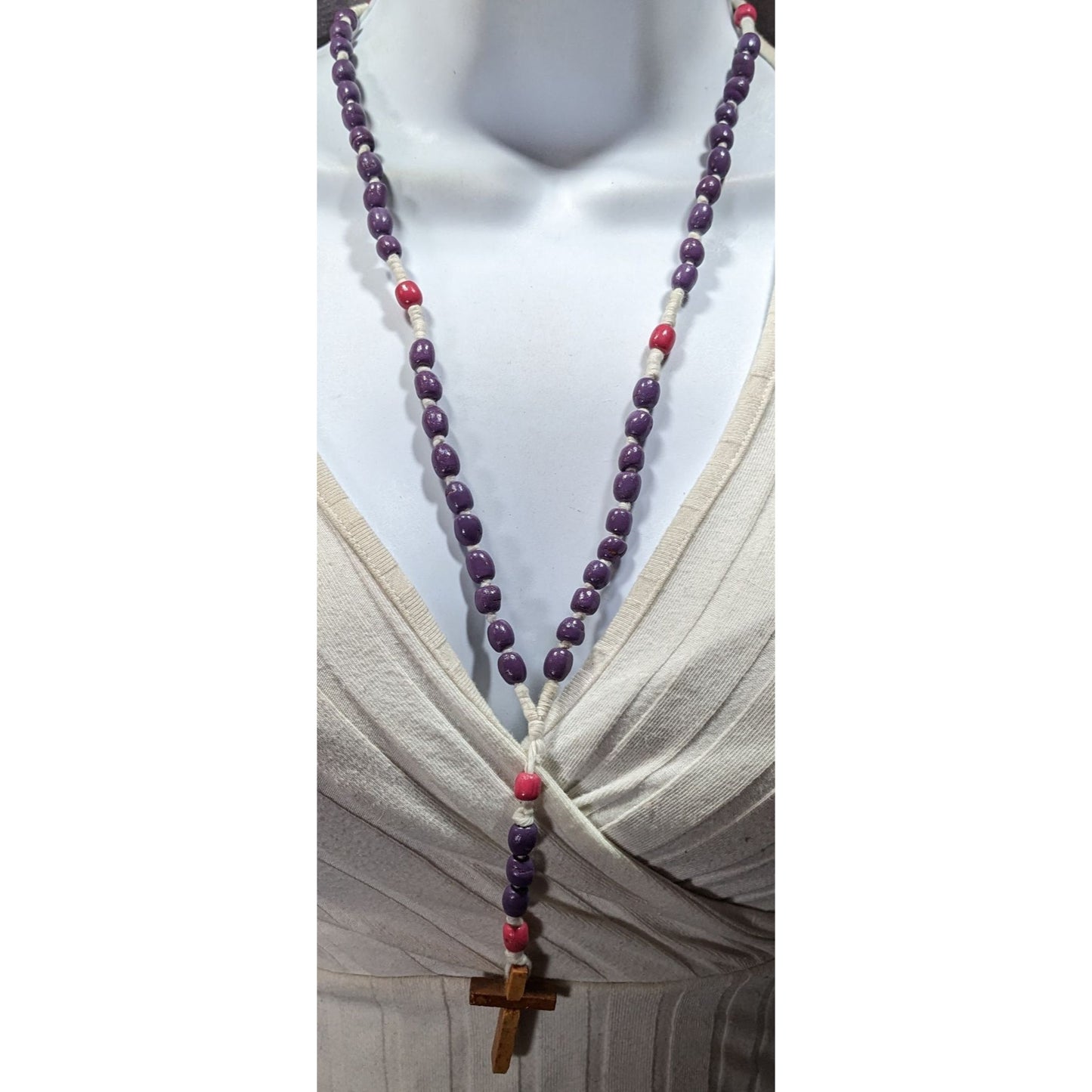 Handmade Pink And Purple Beaded Wooden Cross Necklace