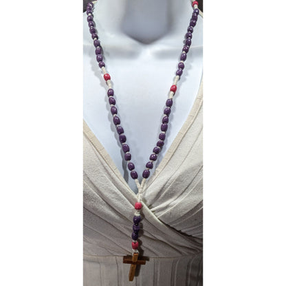 Handmade Pink And Purple Beaded Wooden Cross Necklace