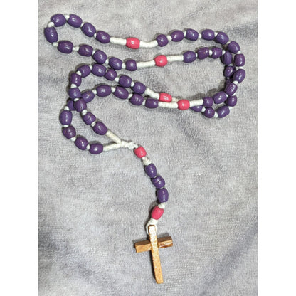 Handmade Pink And Purple Beaded Wooden Cross Necklace