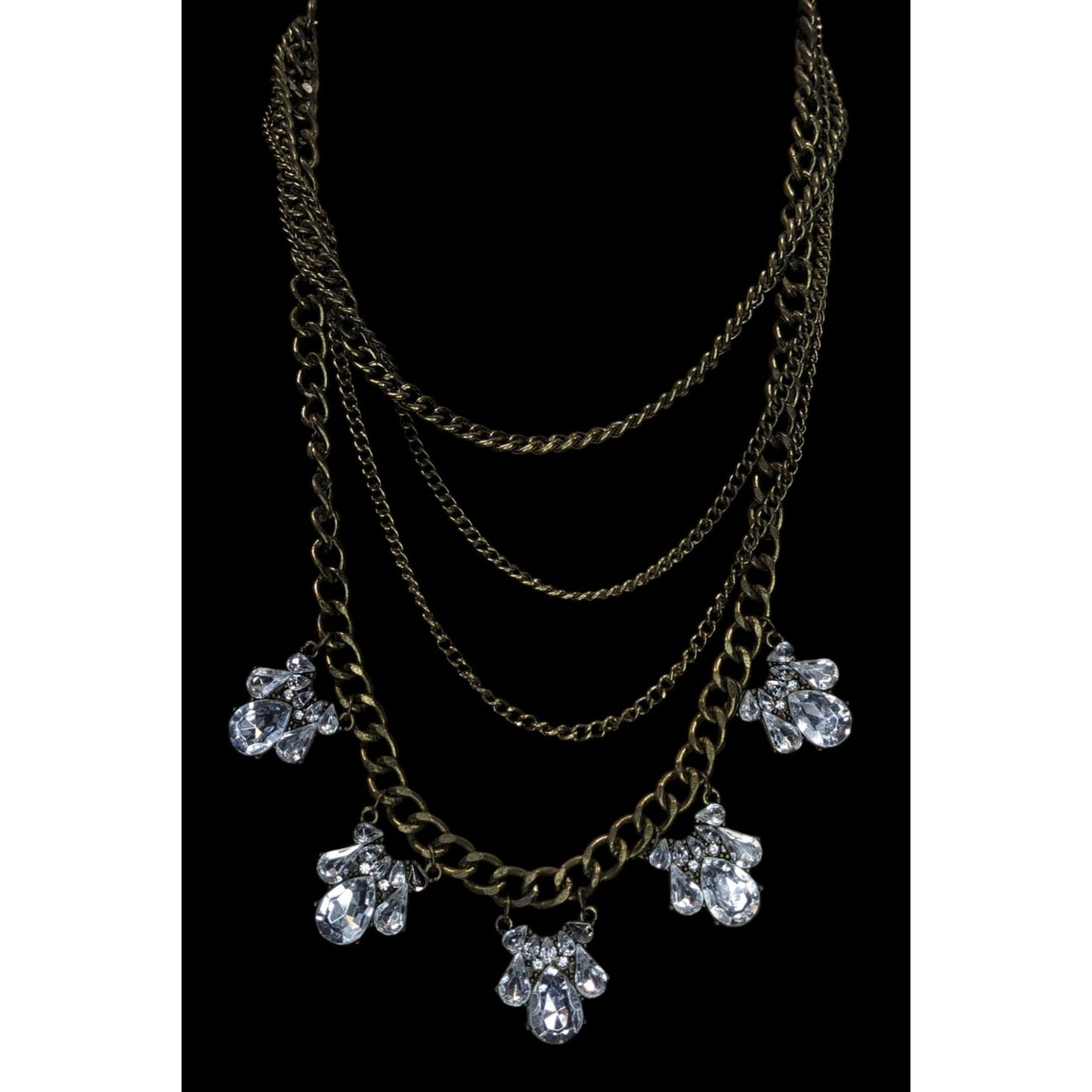 Vintage 90s Floral Glam Multi-Layered Necklace With Crystal Teardrop Charms And Bronze-Tone Chains