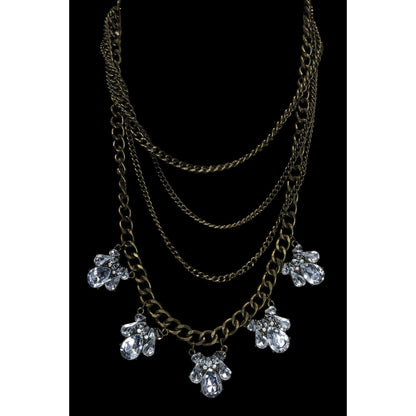 Vintage 90s Floral Glam Multi-Layered Necklace With Crystal Teardrop Charms And Bronze-Tone Chains