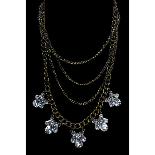 Vintage 90s Floral Glam Multi-Layered Necklace With Crystal Teardrop Charms And Bronze-Tone Chains