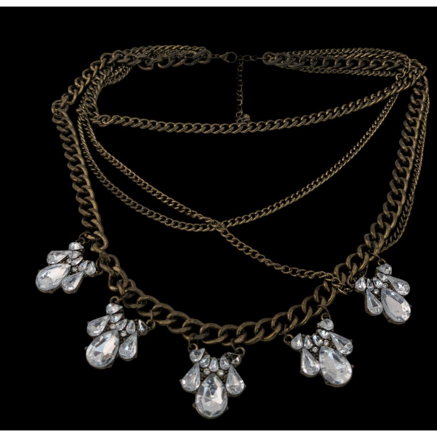 Vintage 90s Floral Glam Multi-Layered Necklace With Crystal Teardrop Charms And Bronze-Tone Chains