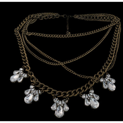 Vintage 90s Floral Glam Multi-Layered Necklace With Crystal Teardrop Charms And Bronze-Tone Chains