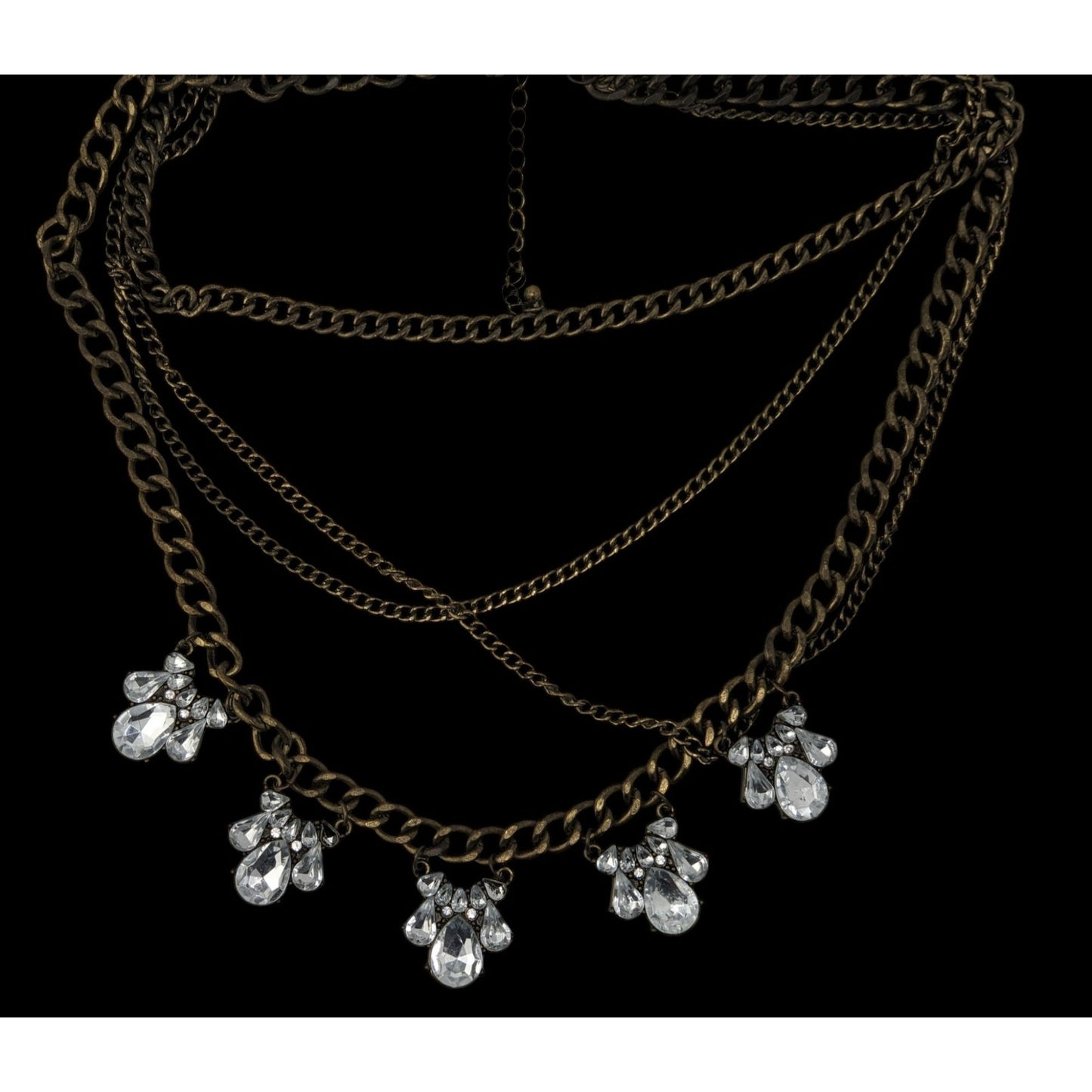 Vintage 90s Floral Glam Multi-Layered Necklace With Crystal Teardrop Charms And Bronze-Tone Chains