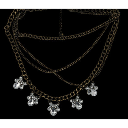 Vintage 90s Floral Glam Multi-Layered Necklace With Crystal Teardrop Charms And Bronze-Tone Chains